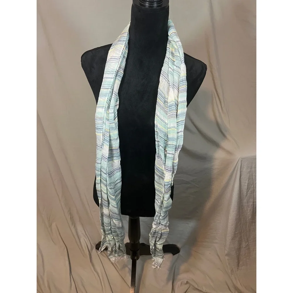 Unbranded Women Striped Lightweight Scarf Green Blue Yellow Metallic Frayed Edge